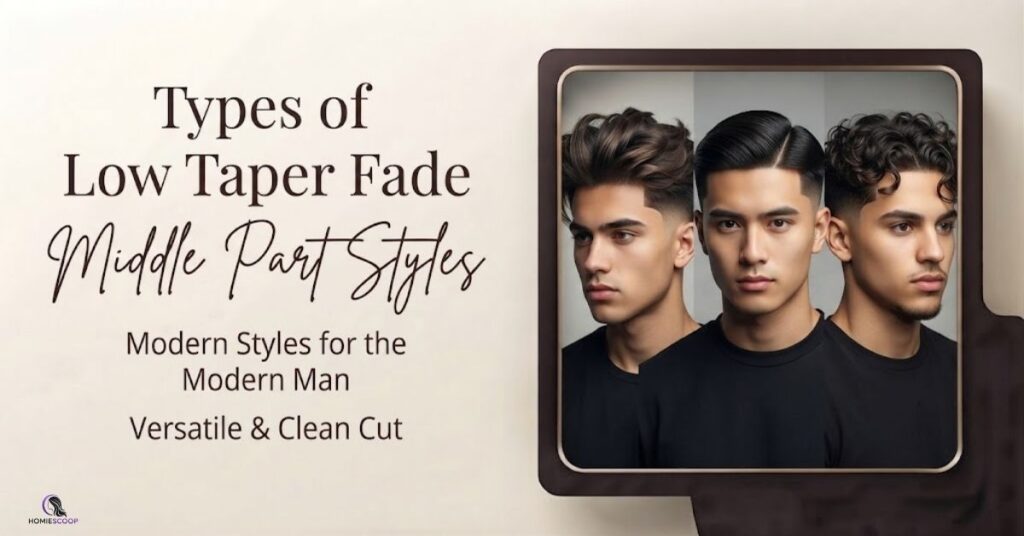 Types of low taper fade middle part styles